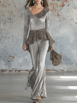 Elegant Retro Leopard Print Ruffled Velvet Tracksuit Two-piece Set