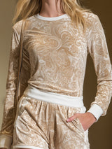 Paisley Print Crew Neck Long-sleeved Top And Shorts Velvet Set