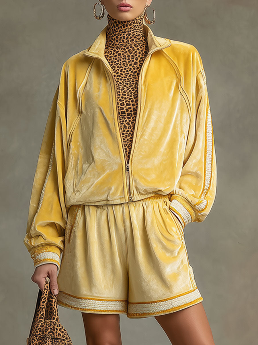Fashionable Sporty Retro Webbing Trim Yellow Velvet Zipper Sweatshirt And Shorts Set