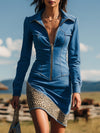 Western-style Blue Denim Patchwork Mini Dress With Leopard Print Accents