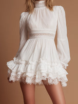 Stylish Vintage Long-sleeved Lace-paneled White Chiffon Mini Dress