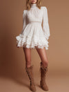 Stylish Vintage Long-sleeved Lace-paneled White Chiffon Mini Dress