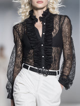 Exquisite And Stylish Ruffled Placket Black Lace Shirt