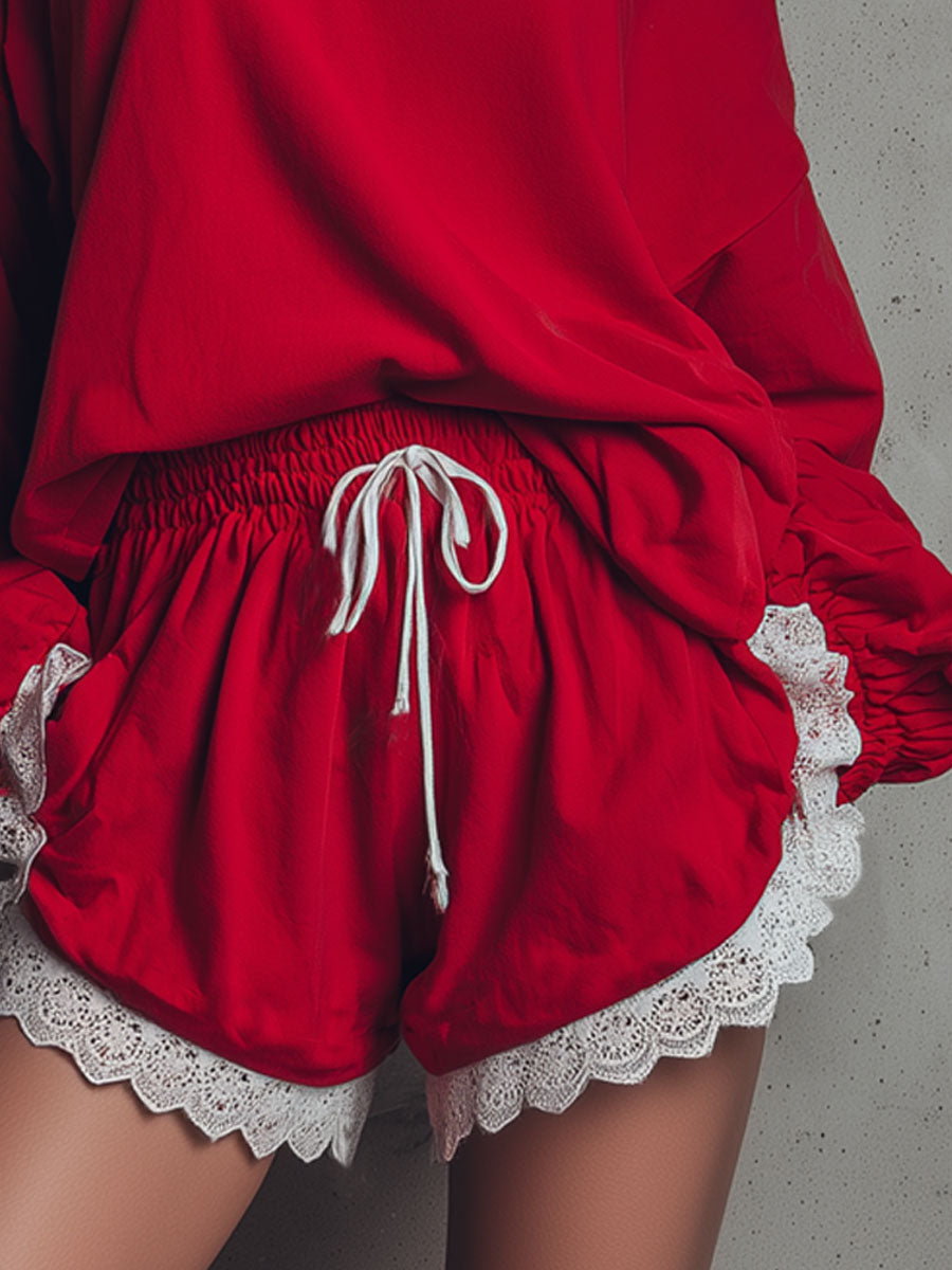 Lace-trimmed Loose-fitting Hooded Sweatshirt And Shorts Tracksuit Set