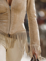 Casual Vintage Khaki Lace Tassel Jacket