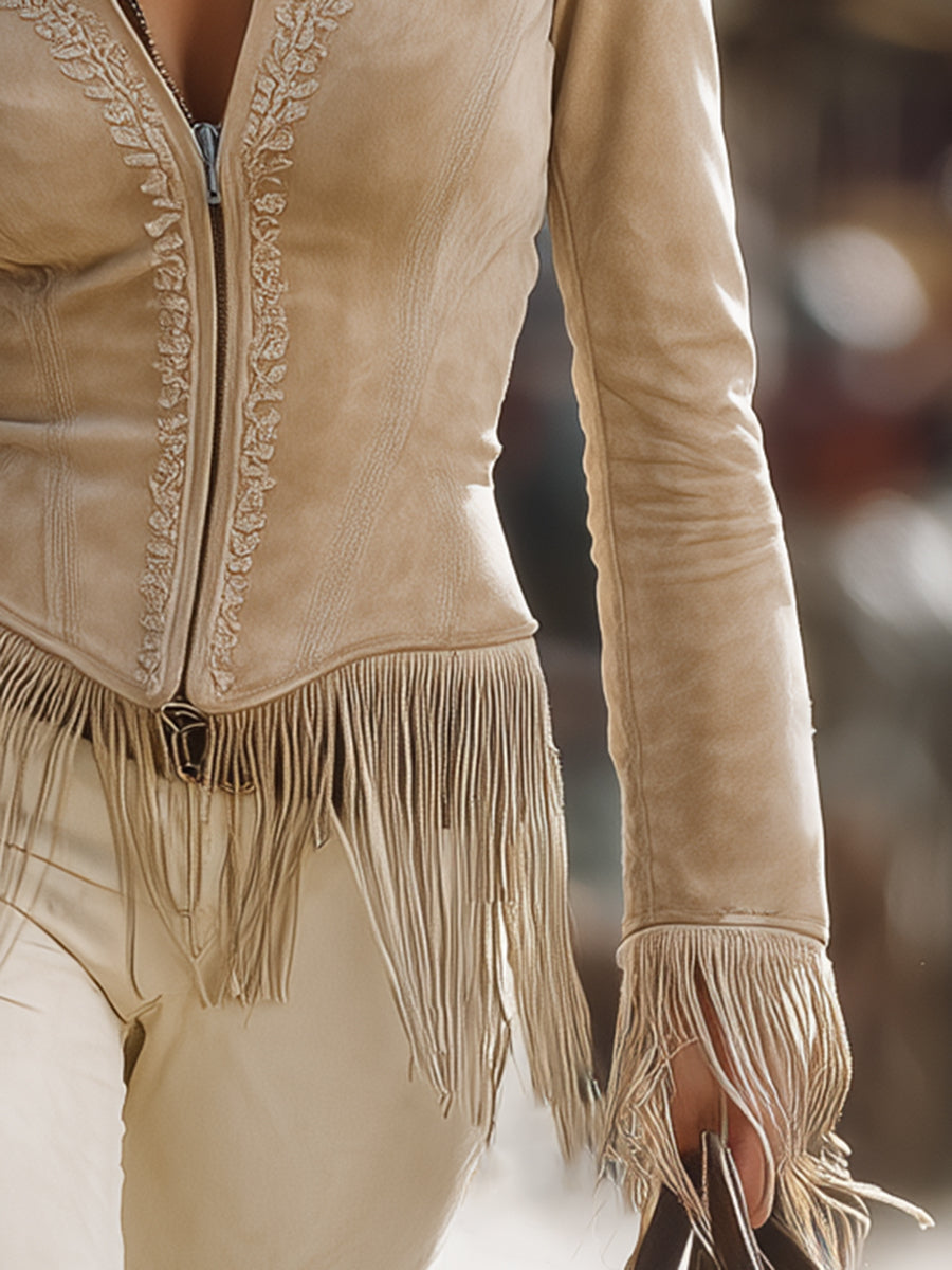 Casual Vintage Khaki Lace Tassel Jacket