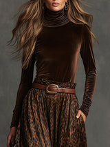 Vintage Turtleneck Velvet Top And Leopard Print Skirt Set