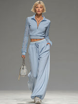 Lace Long-sleeved Zip-up Cropped Top And Wide-leg Pants Set