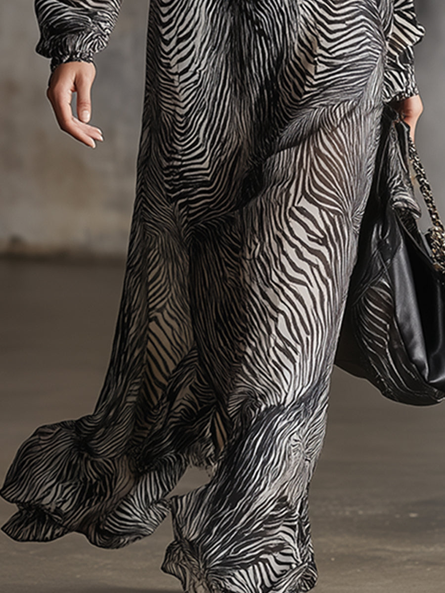 Elegant And Classic Zebra Print Chiffon V-neck Maxi Dress
