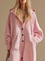 Loose-fitting Button-up Double-pocket Hooded Jumpsuit