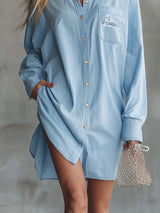 Relaxed Casual Versatile Front Button Light Blue Denim Shirt-style Mini Dress