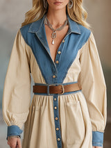 Western-style Beige Cotton Patchwork Denim Maxi Dress