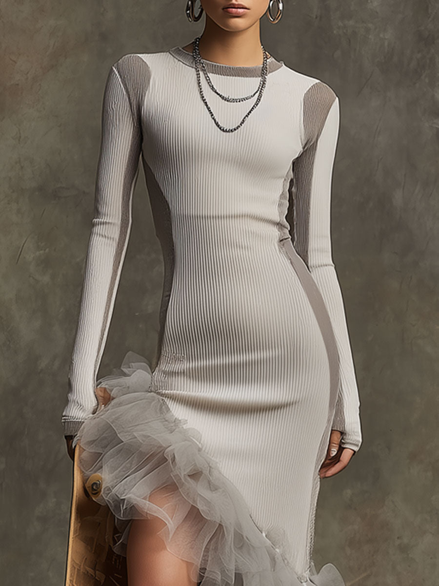 Sporty Retro Light Gray Knit Ribbed Irregular Ruffle Maxi Dress