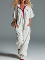 Casual Fashion Lapel Front Zipper Red Trim Short Sleeves Cream Washed Cotton Jumpsuit