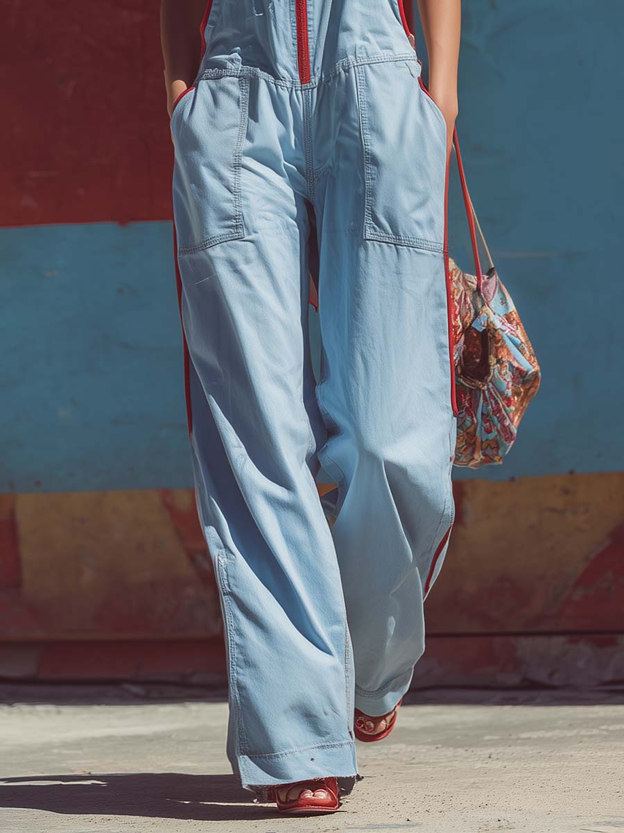 Casual Fashion Versatile Red Trim Front Zipper Light Blue Denim Jumpsuit Overalls