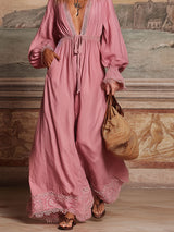 Pink V-neck Tie-waist Patchwork Lace Cotton And Linen Long-sleeved Maxi Dress