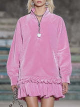 Western Pink Corduroy Zip-up Ruffle Mini Dress