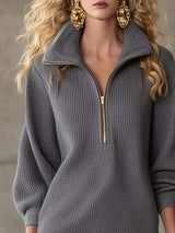 Exquisite Casual Lapel Front Zipper Three-quarter Sleeve Gray Waffle Mini Dress