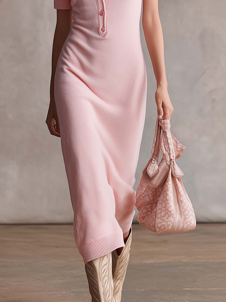 Elegant Retro Sporty Hooded V-neck Front-button Short-sleeved Light Pink Terry Cloth Midi Dress