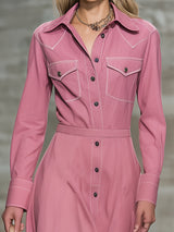 Retro Pink Denim Button White Stitching Maxi Dress