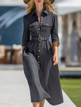 Simple Retro Leopard Print With Gold Buttons Dark Gray Midi Dress