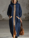 Loose-fitting, Casual Beige-trimmed Navy Blue Faux Suede Hooded Maxi Dress