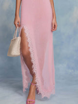 Elegant Comfortable Vintage Sleeveless Slits Lace Trim Light Pink Lightweight Knitted Maxi Dress