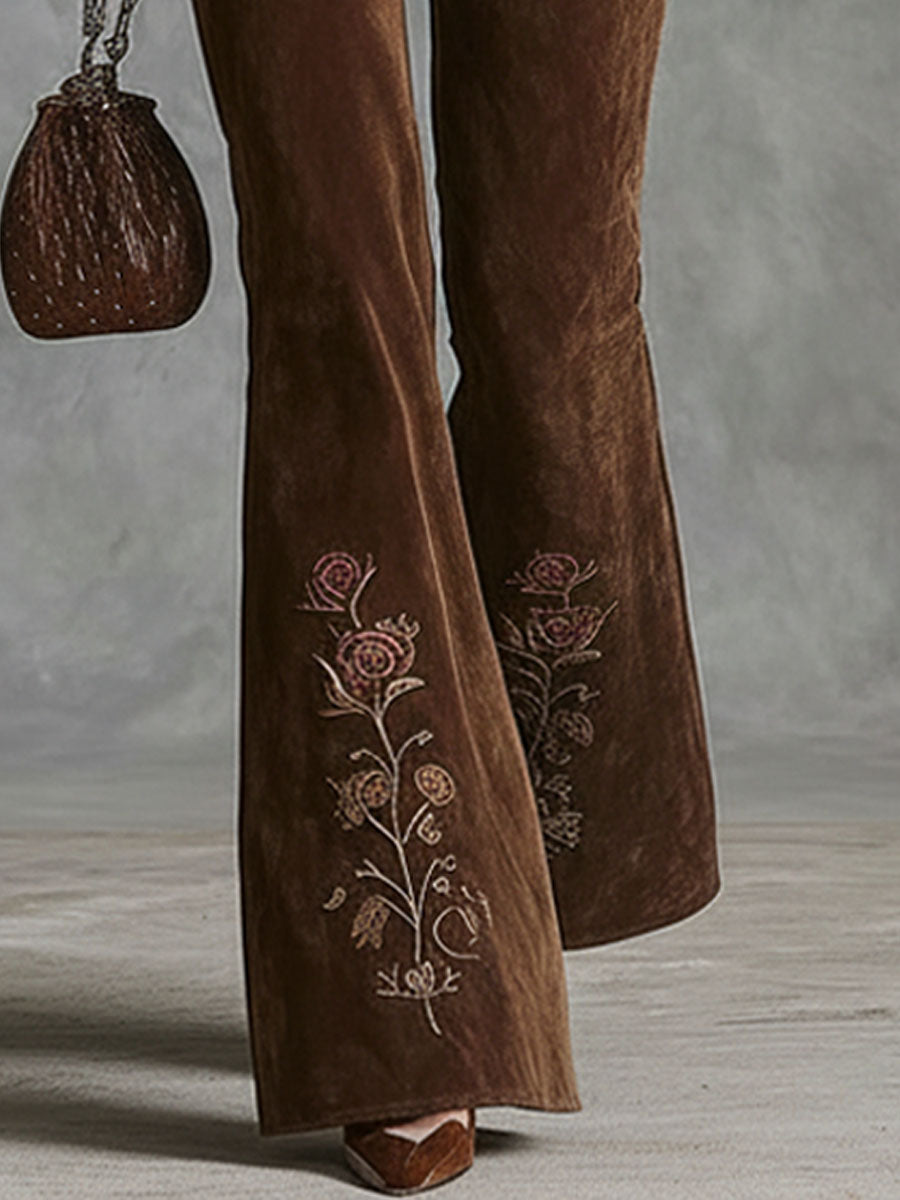 Western-style Floral Embroidered Pocket Flared Pants