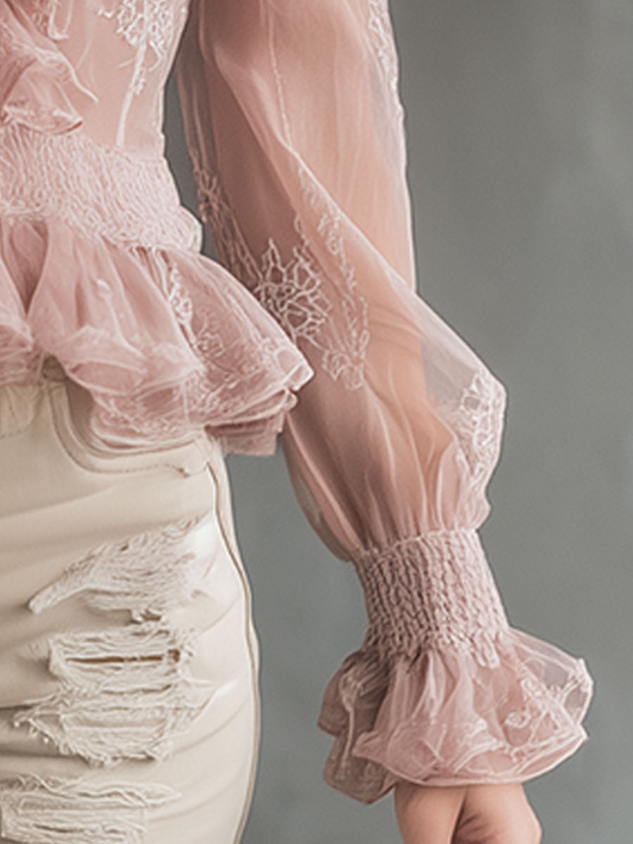 Elegant Pink Chiffon Lace Ruffled Shirt