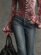 Vintage Pink Velvet Crocodile Print V-Neck Flared Long-Sleeved Shirt