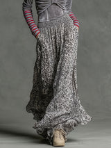 Casual Retro Gray Velvet Hooded Top And Chiffon Leopard Print Skirt Set