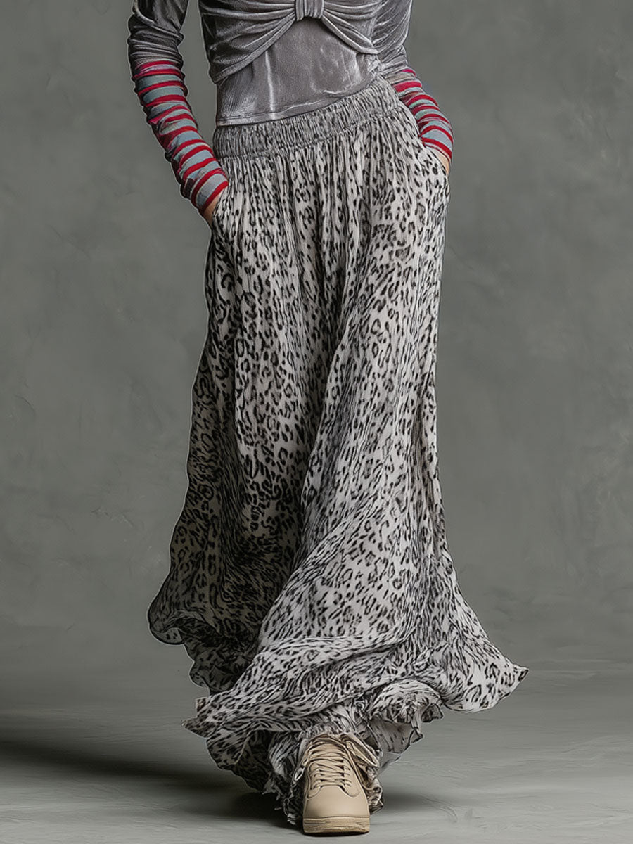 Casual Retro Gray Velvet Hooded Top And Chiffon Leopard Print Skirt Set