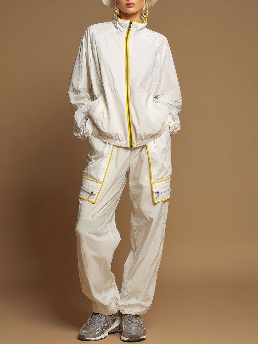 Outdoor Sports Yellow Striped White Sun Protection Top And Cargo Pants Set