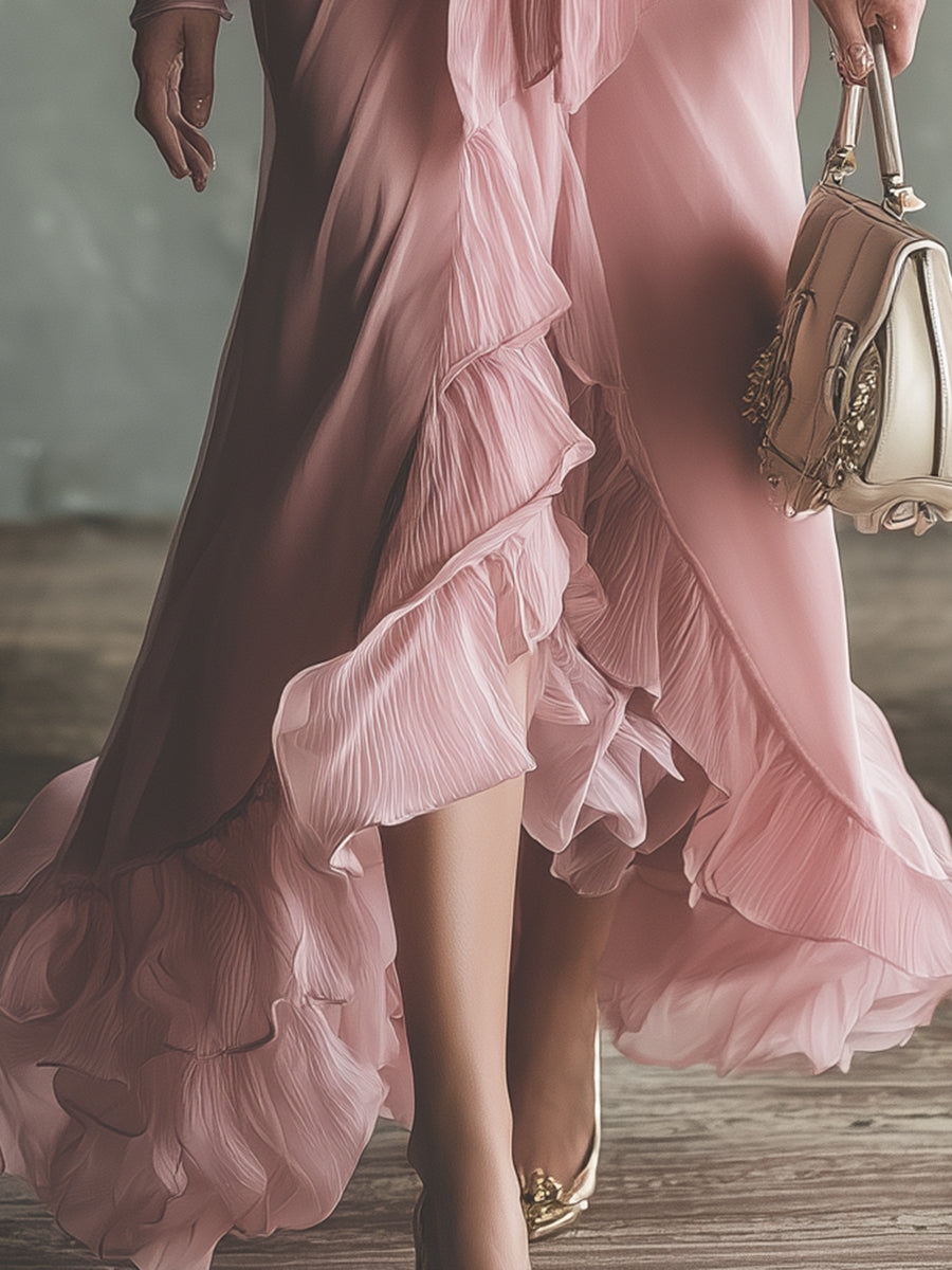 Pink Chiffon Bow-Tied Irregular Hem Maxi Dress