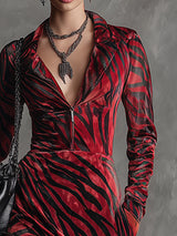 Elegant And Classic Red Zebra-print Lapel Velvet Maxi Dress