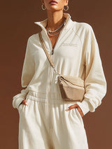 Sporty Retro Embroidered Beige Cotton Long-Sleeved Zipper Jumpsuit