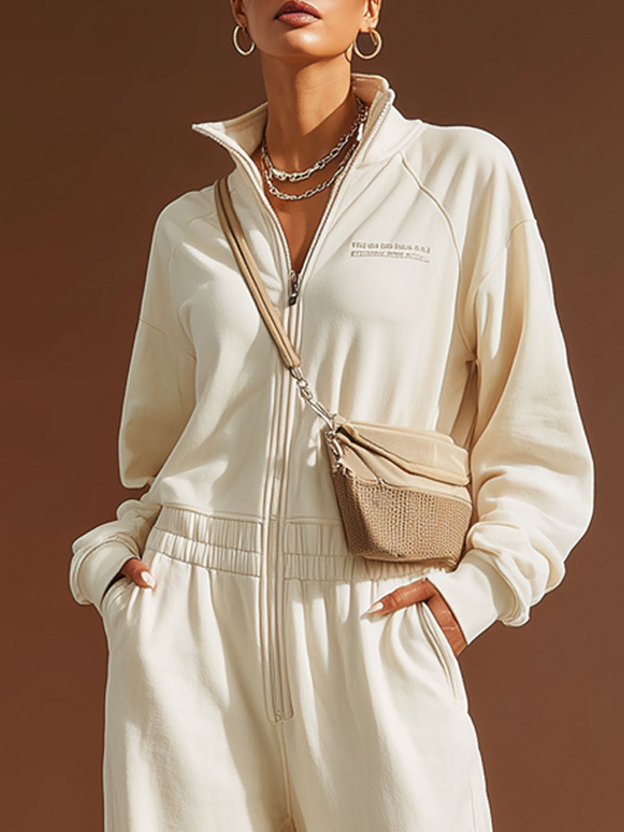 Sporty Retro Embroidered Beige Cotton Long-Sleeved Zipper Jumpsuit