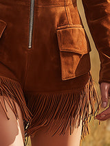 Retro Western Style Fringed Brown Long-sleeved Faux Suede Jumpsuit