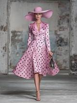 Vintage Pink Satin Polka Dot V-neck Midi Dress