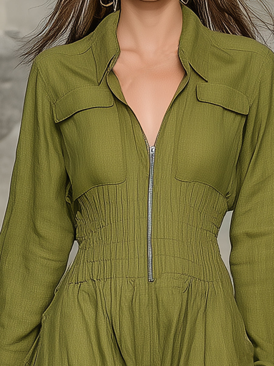 Olive Linen Zip-Front Maxi Dress