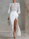 Elegant Round-neck Lace Long-sleeved Top And Slit Lace Skirt Set