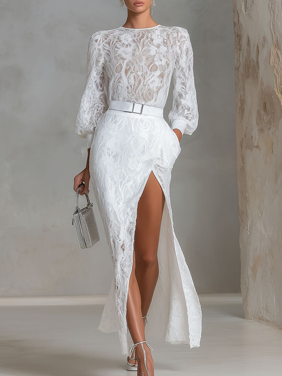 Elegant Round-neck Lace Long-sleeved Top And Slit Lace Skirt Set