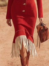 Vintage Western Style V-neck Metal Buttons And Fringe Faux Suede Midi Dress