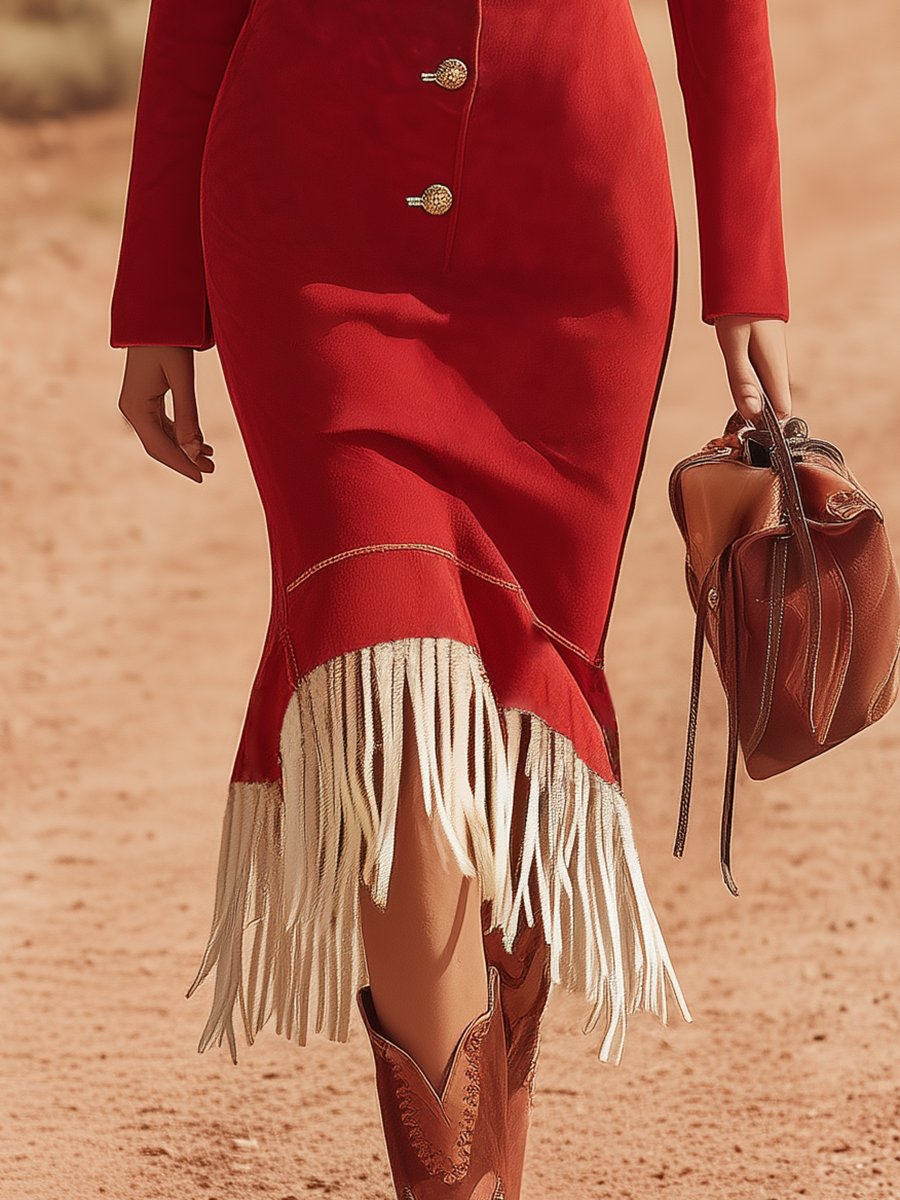 Vintage Western Style V-neck Metal Buttons And Fringe Faux Suede Midi Dress