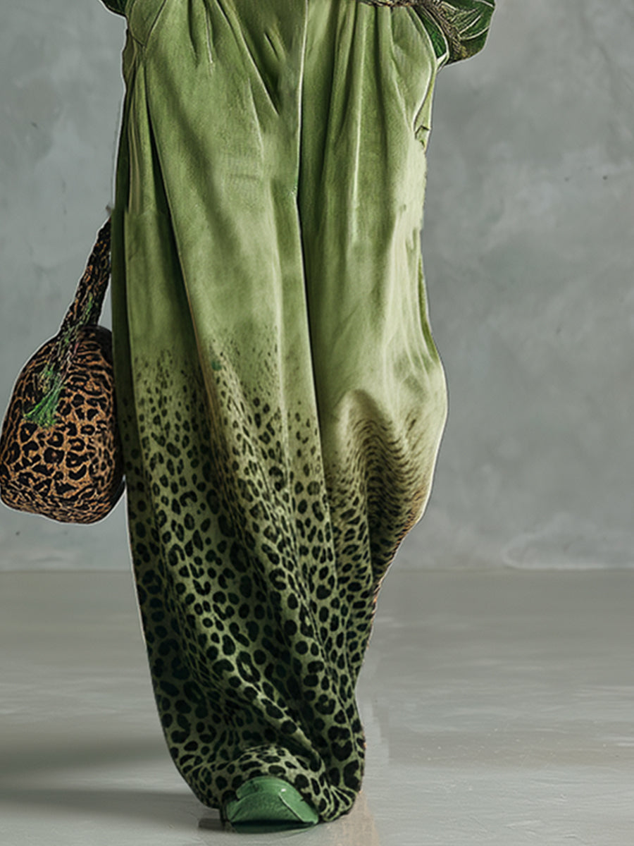 Trendy Retro Sporty Green Velvet Top And Leopard Print Wide-leg Pants Set