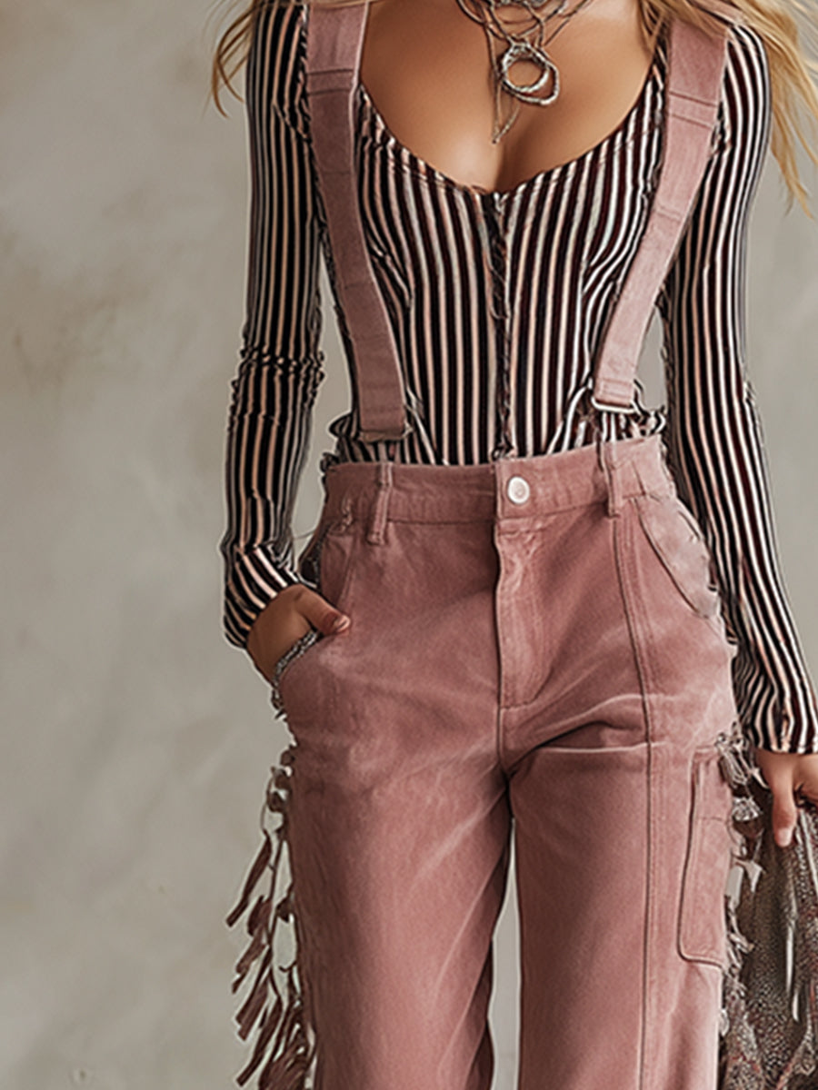 Retro Western Style Detachable Straps Light Pink Faux Suede Overalls