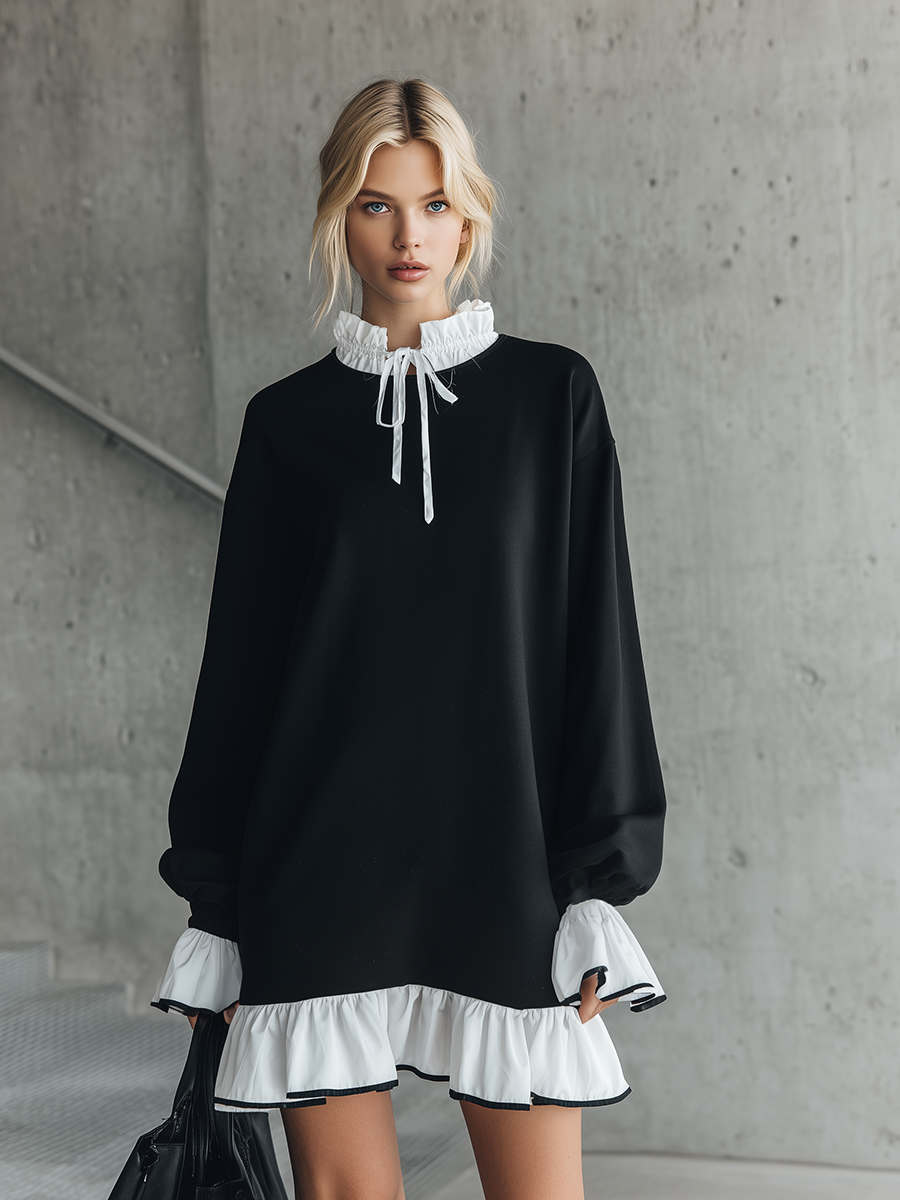 Stylish And Sporty Color-blocked Ruffled Collar And Hem Black Mini Dress