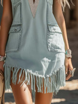 【24-hour shipping out】Casual Sophisticated Western Silver V-neck Ribbon Tassel Light Blue Denim Mini Dress