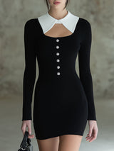 Elegant Black And White Color-block KnittedWith Rhinestone Buttons Mini Dress