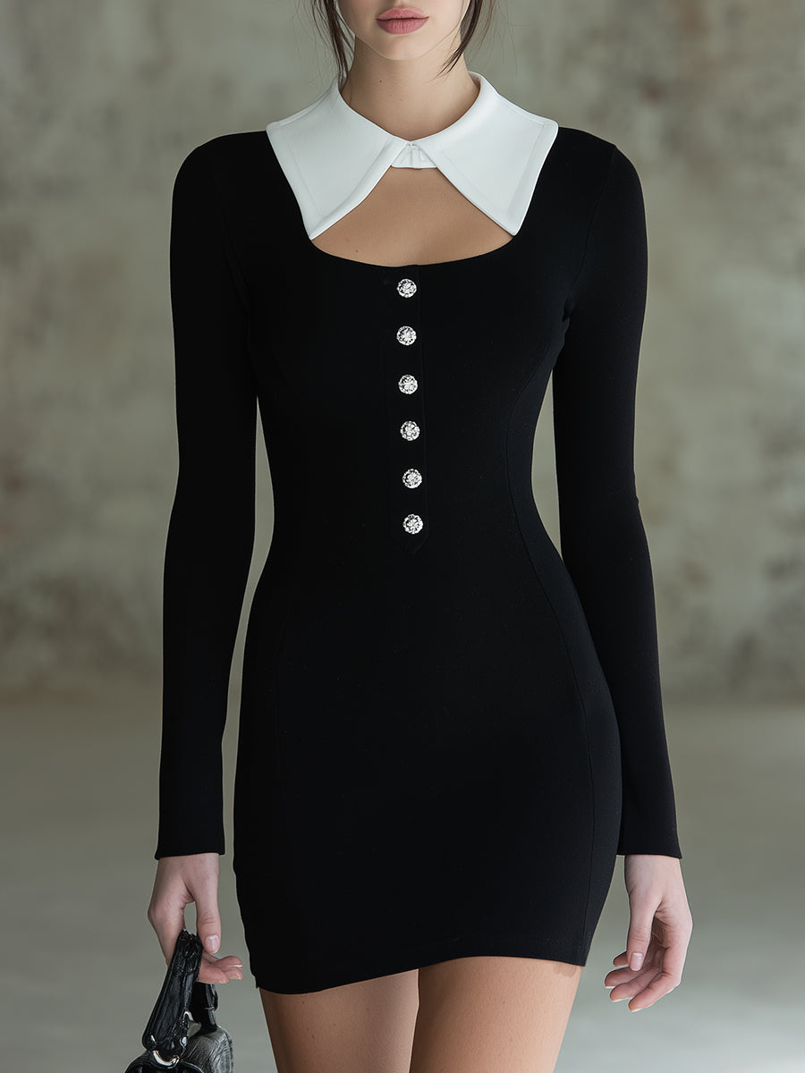 Elegant Black And White Color-block KnittedWith Rhinestone Buttons Mini Dress